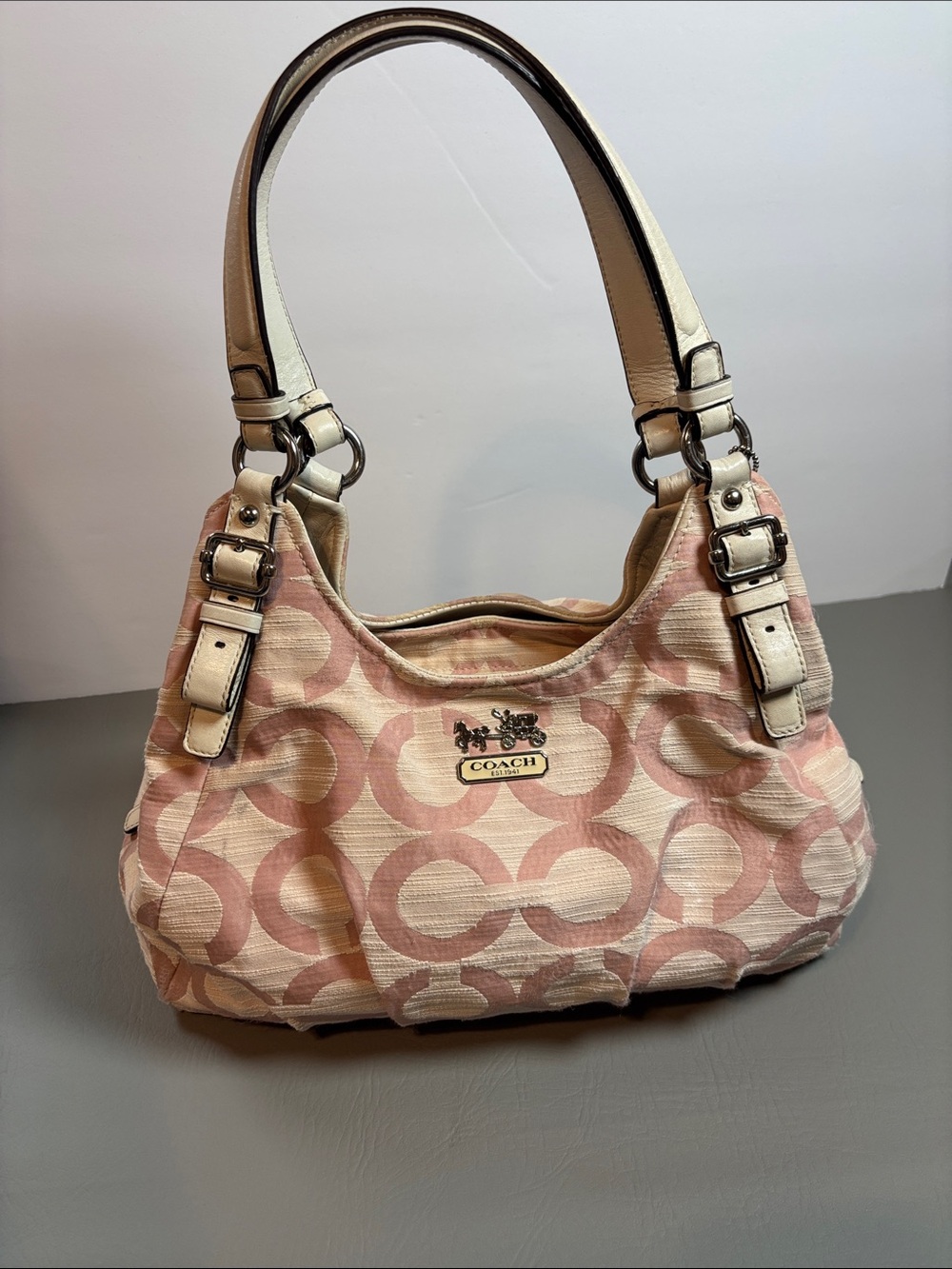 Coach Pink and Cream Signature BoHo Canvas Shoulder Bag